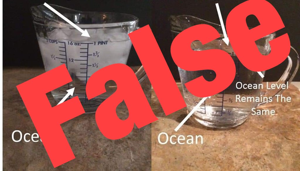 This viral photo circulating on social media suggests that ice melting in a cup illustrates that sea levels don’t rise when icebergs melt. But the image makes a false comparison. We rate it False.