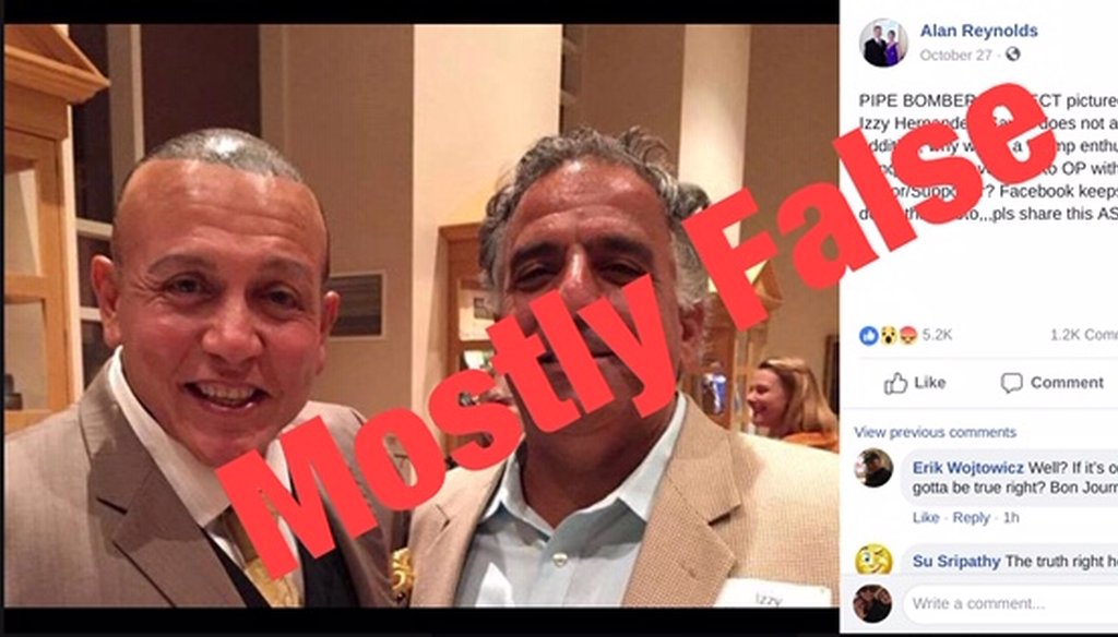A viral photo posted to Facebook claims to depict accused pipe bomb suspect Cesar Sayoc with a “Democrat Donor.” But that fellow he's with is an old soccer buddy and there's no evidence he's a political donor.