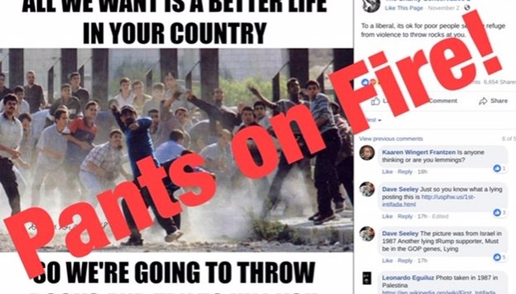 A Nov. 2 Facebook post by a user account known as The Snarky Conservative 2 misappropriated an old image by suggesting it shows migrant caravan members throwing rocks. We rate this post Pants on Fire!