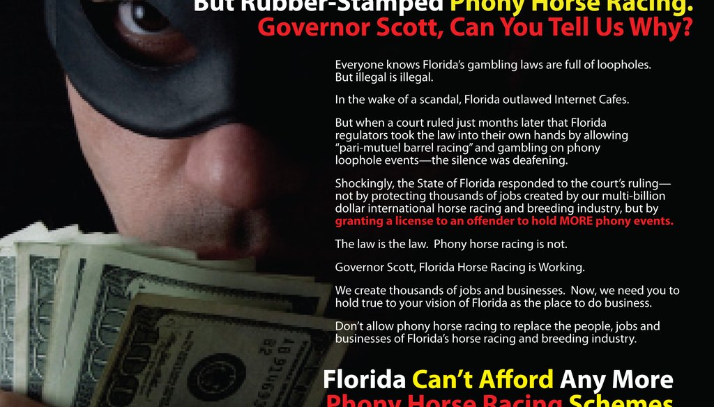An ad by United Horsemen Florida decries Florida's gambling laws and "phony horse racing."