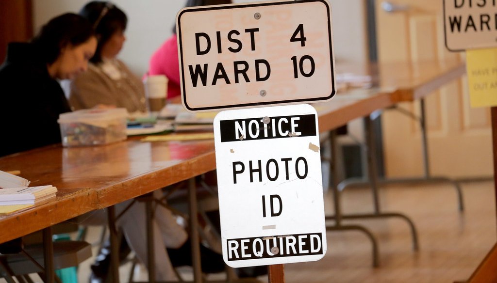 A sign informs voters they need a photo ID to vote at the Hart Park Muellner Buildi­ng in Wauwatosa on Tuesday, Feb. 18, 2020.  (Mike De Sisti/Milwaukee Journal Sentinel)