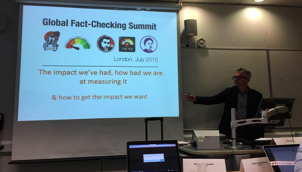 At the 2015 Global FactChecking Summit, Peter Cunliffe-Jones of the AfricaCheck fact-checking service takes a turn speaking to reporters from around the world, July 23, 2015, in London.