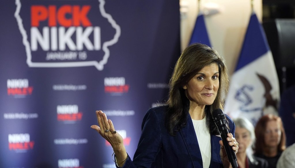 Former United Nations Ambassador and current Republican presidential candidate Nikki Haley speaks Jan. 11, 2024, at a campaign event in Cedar Rapids, Iowa. (AP)
