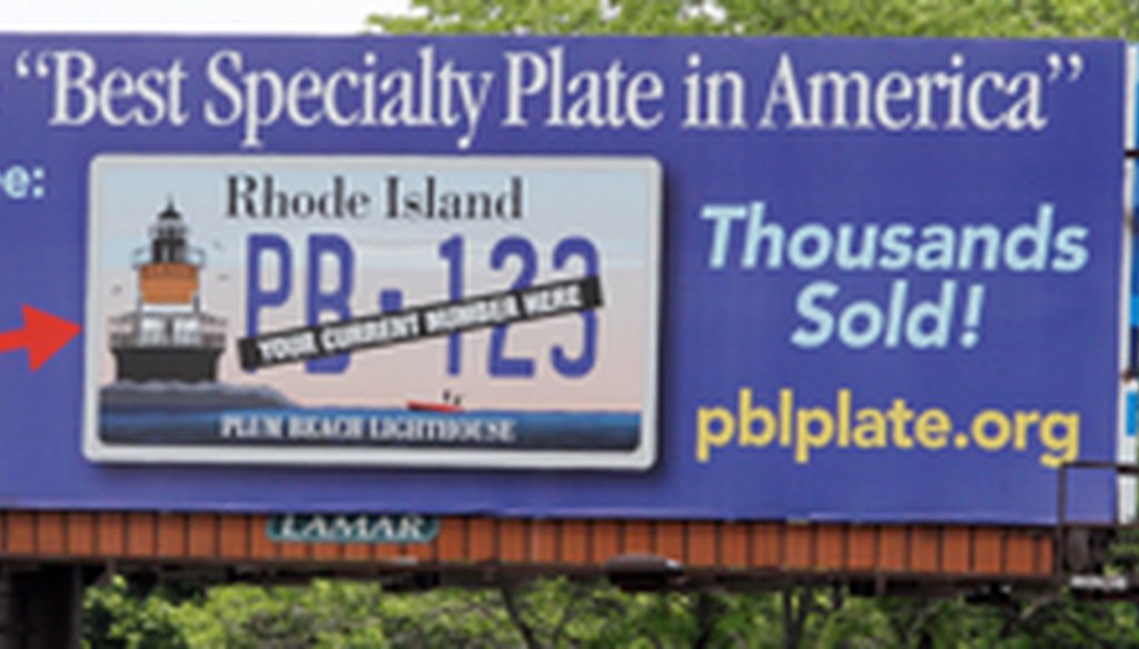 Billboard advertising the Plum Beach Lighthouse license plate.