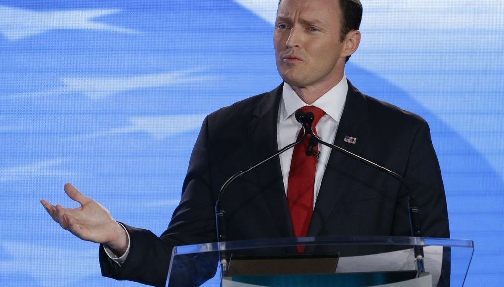 Rep. Patrick Murphy, D-Fla., speaks during a debate with Sen. Marco Rubio, R-Fla., at the University of Central Florida, Monday, Oct. 17, 2016, in Orlando, Fla. (AP photo)