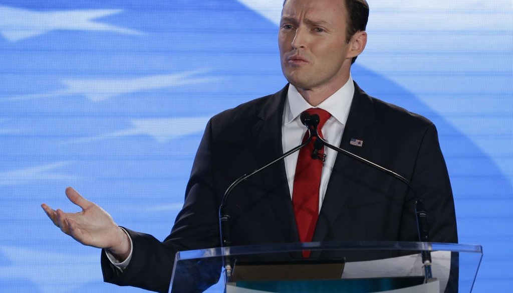 Rep. Patrick Murphy, D-Fla., speaks during a debate with Sen. Marco Rubio, R-Fla., at the University of Central Florida, Monday, Oct. 17, 2016, in Orlando, Fla. (AP photo)