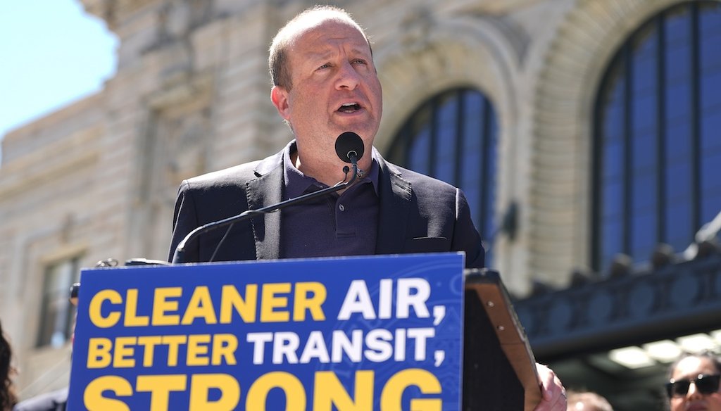 Colorado Gov. Jared Polis speaks May 16, 2024, in front of Union Station in lower downtown Denver. (AP)