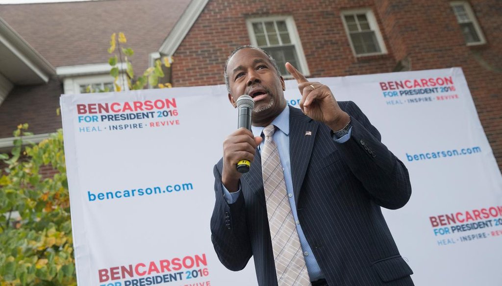 Ben Carson speaks at Iowa State University on Oct. 24, 2015 in Ames, Iowa. A recent poll indicates that Carson has surged past Donald Trump to lead the race for the Republican presidential nomination in Iowa. (Photo by Getty Images) 