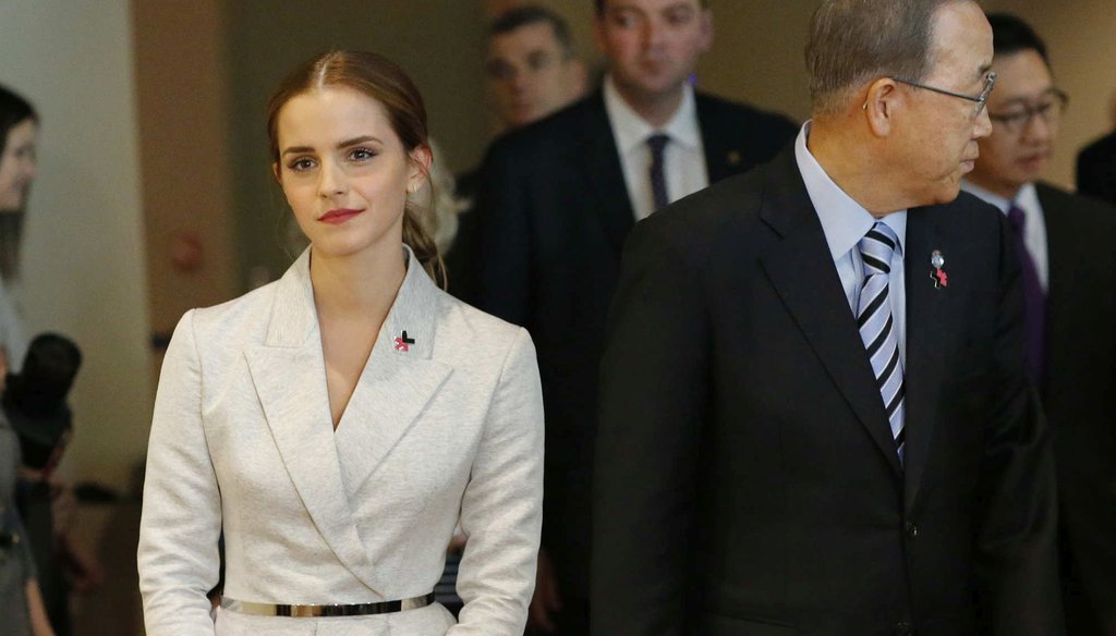 UN Women Goodwill Ambassador Emma Watson walks next to United Nations Secretary General Ban Ki-moon, while they attend the HeForShe campaign launch at the United Nations on September 20, 2014. (Getty Images)