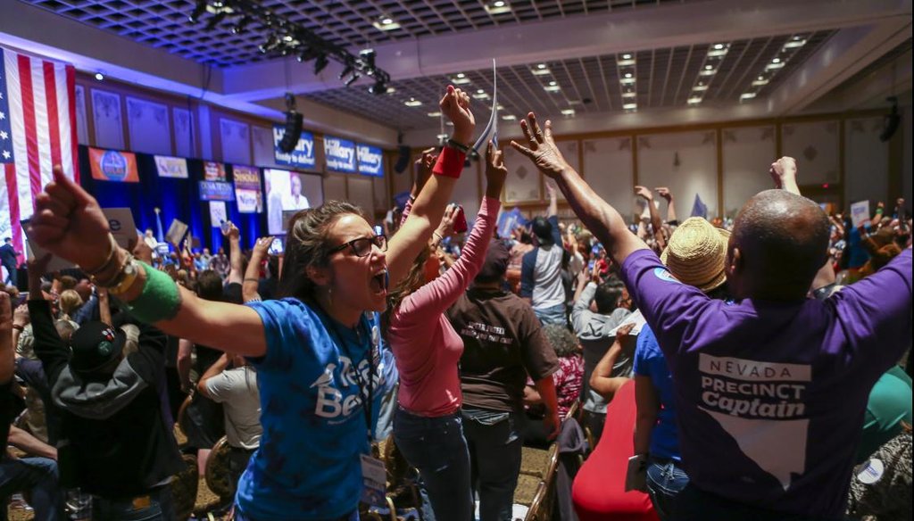 Supporters of Democratic presidential candidate Bernie Sanders react during the Nevada Democratic Party’s 2016 State Convention Las Vegas May 14. (Chase Stevens/Las Vegas Review-Journal via AP)