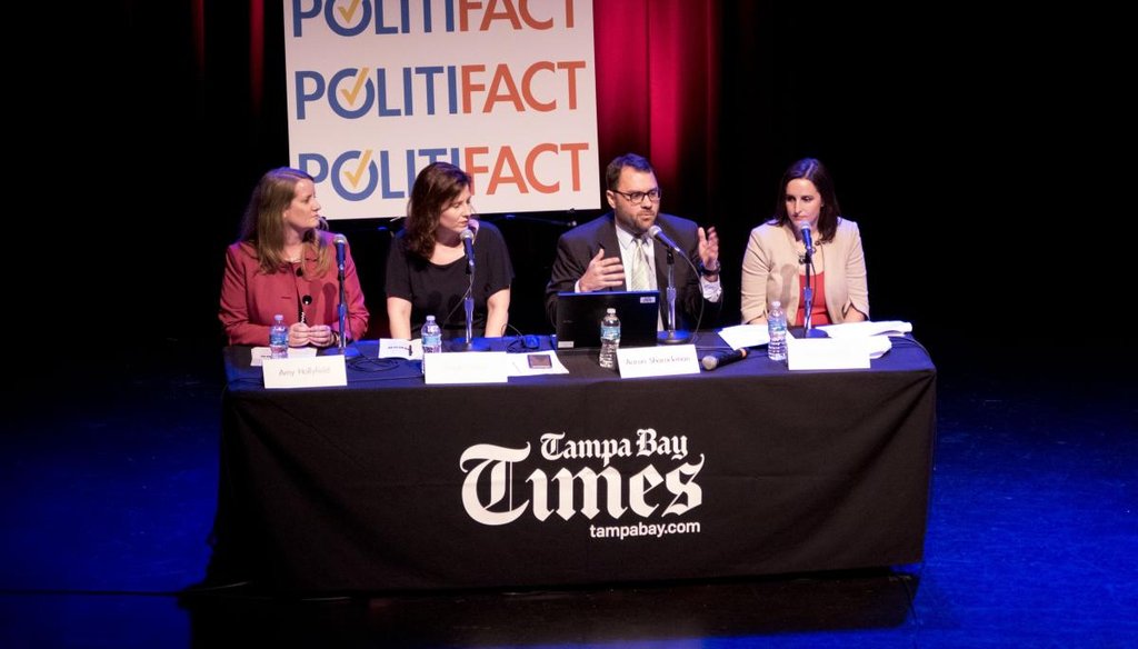 Tampa Bay Times deputy managing editor for politics and business Amy Hollyfield, PolitiFact editor Angie Holan, executive director Aaron Sharockman and deputy editor Katie Sanders discuss fact-checking March 1 in St. Petersburg. | Boyzell Hosey, Times