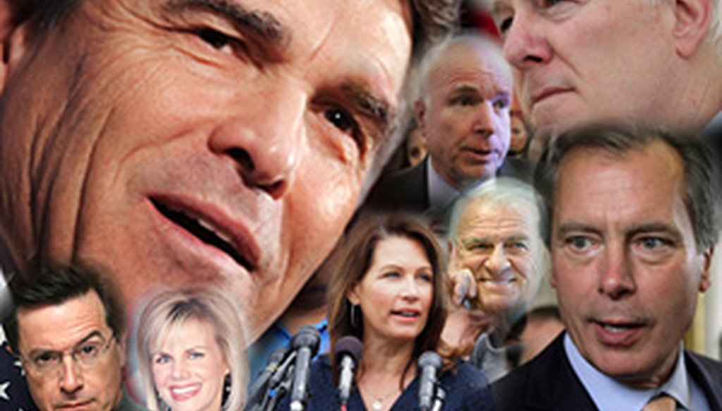 Clockwise from top left are Texas Gov. Rick Perry, Arizona Sen. John McCain, Texas Sen. John Cornyn, Texas Lt. Gov. David Dewhurst, Texas U.S. Rep. John Carter, Minnesota U.S. Rep. Michele Bachmann, and TV hosts Gretchen Carlson and Stephen Colbert.