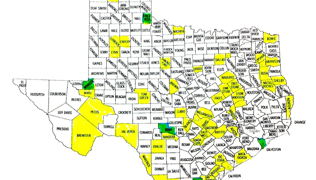 Greg Abbott’s 104 public-official prosecutions have involved these counties. Marked in green are the locations of five that appear to be corruption cases against judges, a county attorney and a DA.