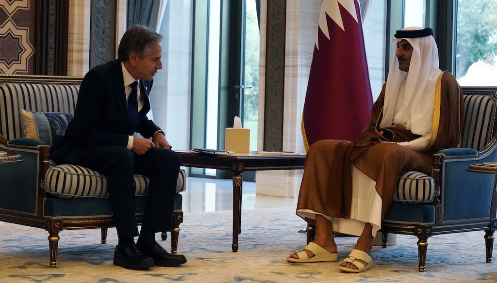 U.S. Secretary of State Antony Blinken, left, and Qatari Emir Sheikh Tamim bin Hamad Al Thani meet Oct. 13, 2023, in Lusail, Qatar. (AP)