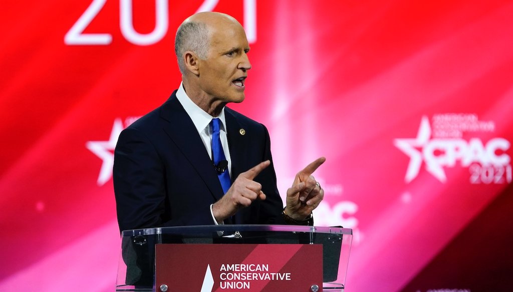Sen. Rick Scott, R-Fla., speaks at the Conservative Political Action Conference (CPAC) Feb. 26, 2021, in Orlando, Fla. (AP Photo/John Raoux)