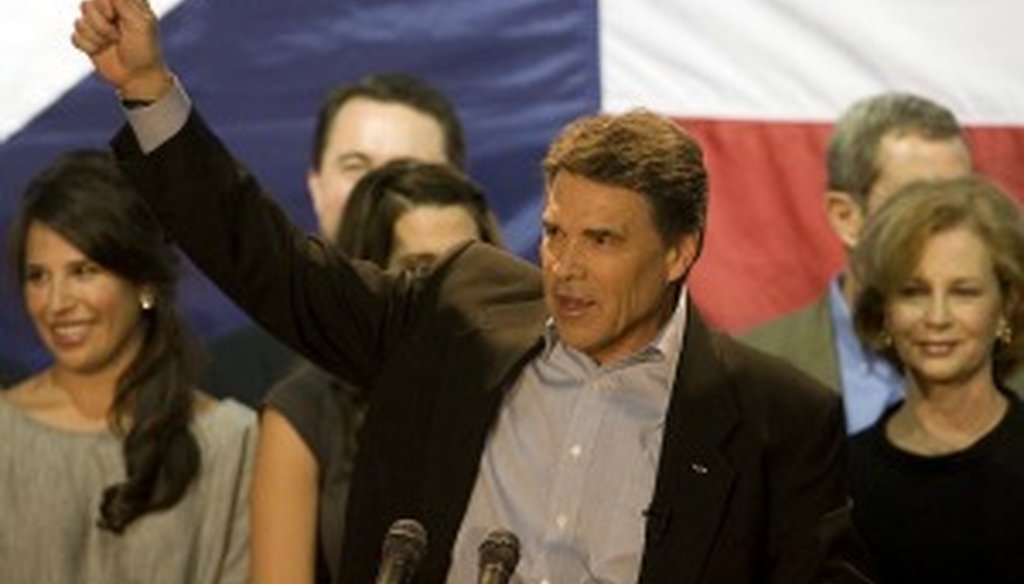 Gov. Rick Perry celebrates his re-election in November 2010 (Austin American-Statesman photo, Ralph Barrera).