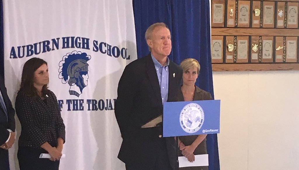 Gov. Bruce Rauner appears at Auburn High School on July 21, 2017, to demand that the Illinois Senate send him the new school funding bill that was passed on May 31. Also shown (L-R): Auburn Supt. Darren Root; Reps. Avery Bourne and Sara Wojcicki Jiminez