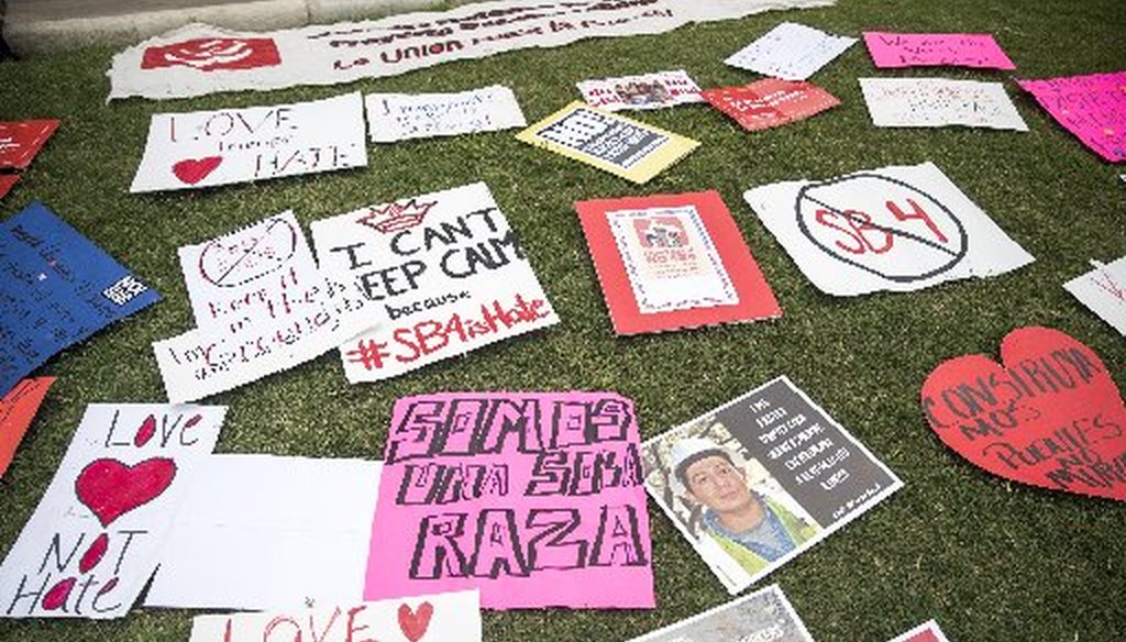 Here are some of the signs held by opponents of Senate Bill 4 during protests at the Texas Capitol on May 29, 2017 (Ricardo B. Braizziell, Austin American-Statesman).