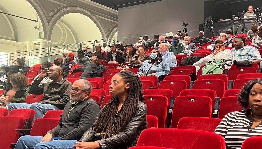 People listen to the California reparations task force as they vote on recommendations during a meeting at Lesser Hall in Mills College at Northeastern University in Oakland, Calif., May 6, 2023. (AP)
