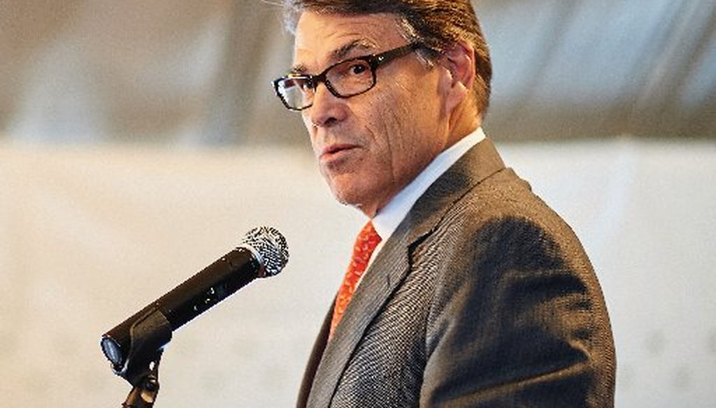Former Texas Gov. Rick Perry announced he's suspending his presidential campaign at a St. Louis stop Sept. 11, 2015. PolitiFact has checked Perry claims 168 times (Getty Images photo).