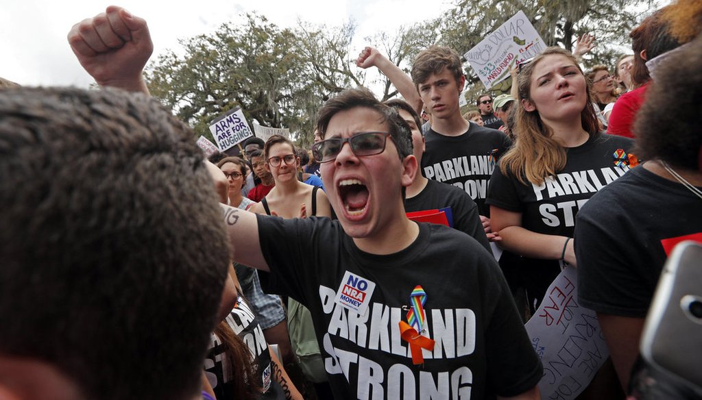 Student survivors from Marjory Stoneman Douglas High School participate in a rally for gun control reform on the steps of the state capitol, in Tallahassee, Fla., Wednesday, Feb. 21, 2018. (AP Photo/Gerald Herbert)