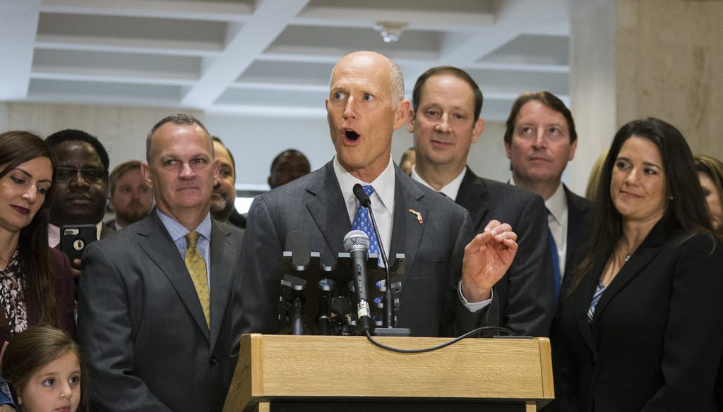 Florida Gov. Rick Scott speaks after the end of the legislative session at the Florida State Capitol in Tallahassee, Fla., Sunday, March 11, 2018. (AP Photo/Mark Wallheiser)