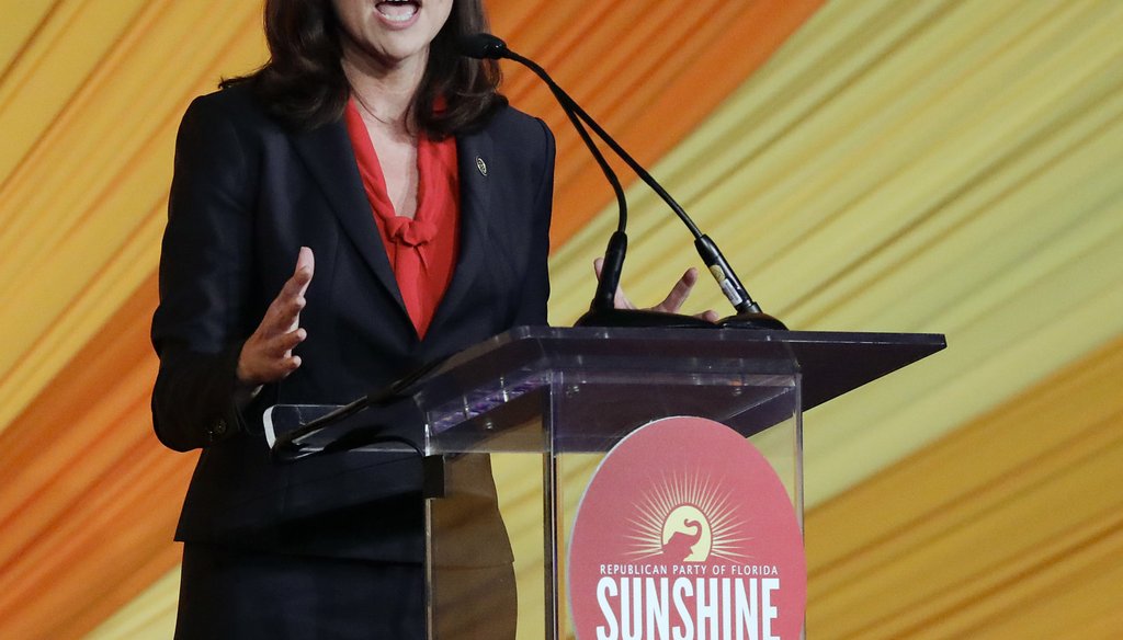 Ashley Moody, candidate for attorney general, speaks at the Republican Sunshine Summit Friday, June 29, 2018, in Kissimmee, Fla. (AP Photo/John Raoux)