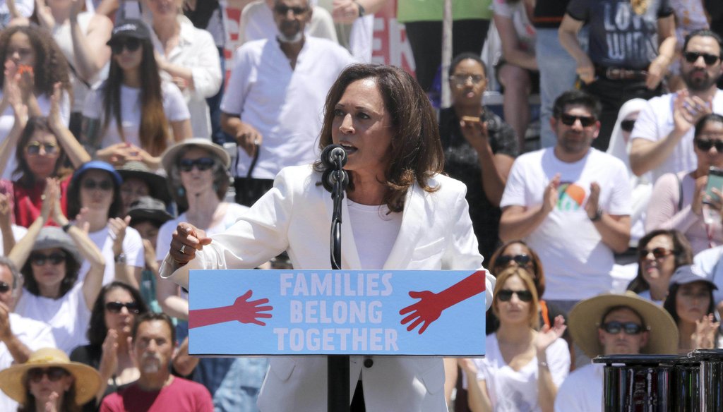 United States Senator for California Kamala Harris speaks at the "Families Belong Together: Freedom for Immigrants" March on Saturday, June 30, 2018, in Los Angeles. (Photo by Willy Sanjuan/Invision/AP)