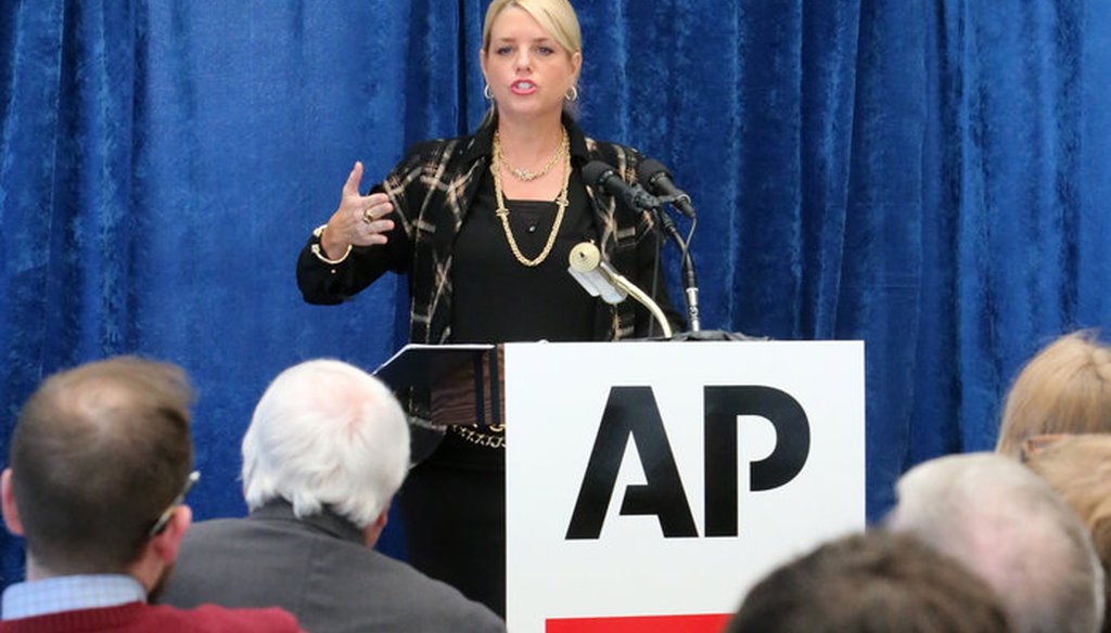 Attorney General Pam Bondi talks to the media at a news conference in Tallahassee on Jan. 28, 2015. (AP photo)