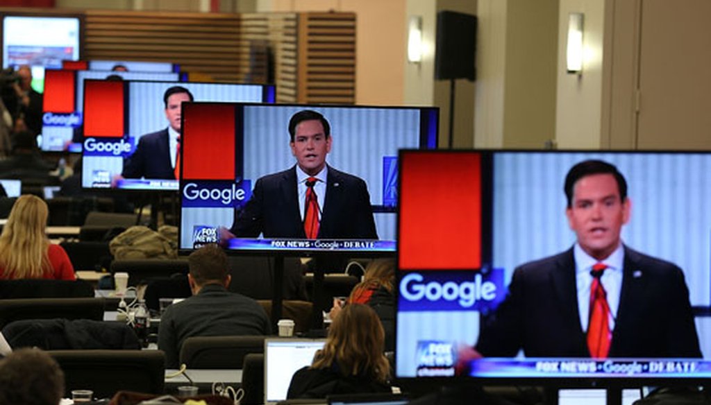 Florida Sen. Marco Rubio is shown speaking on reporters' TV screens at the Republican primary debate in Des Moines, Iowa, on Jan. 28, 2016. (Getty Images)