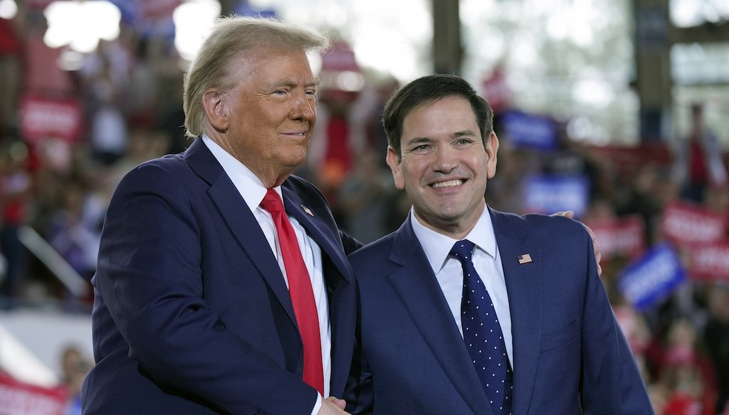 President-elect Donald Trump greets Sen. Marco Rubio, R-Fla., during a campaign rally at J.S. Dorton Arena, Nov. 4, 2024, in Raleigh, N.C. (AP)