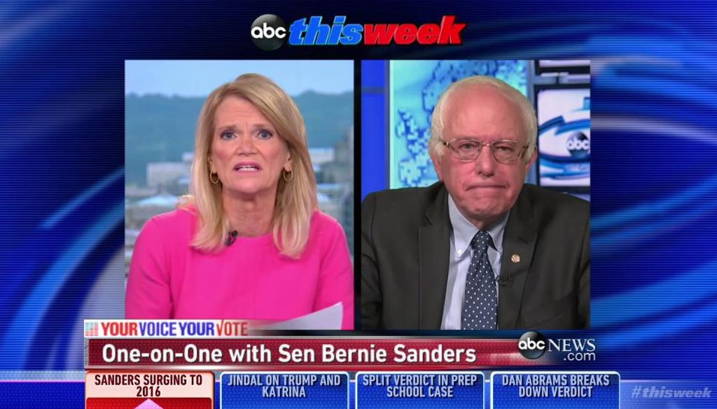 Democractic presidential candidate Bernie Sanders was asked to discuss foreign policy Aug. 30, 2015, on ABC's "This Week." (Screengrab)