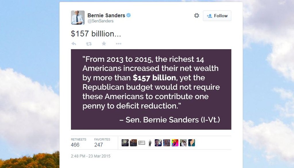 In a Tweet March 23, Sen. Bernie Sanders, I-Vt., said the Republican budget proposal does not ask the ultra-wealthy to contribute "one penny" to deficit reduction.