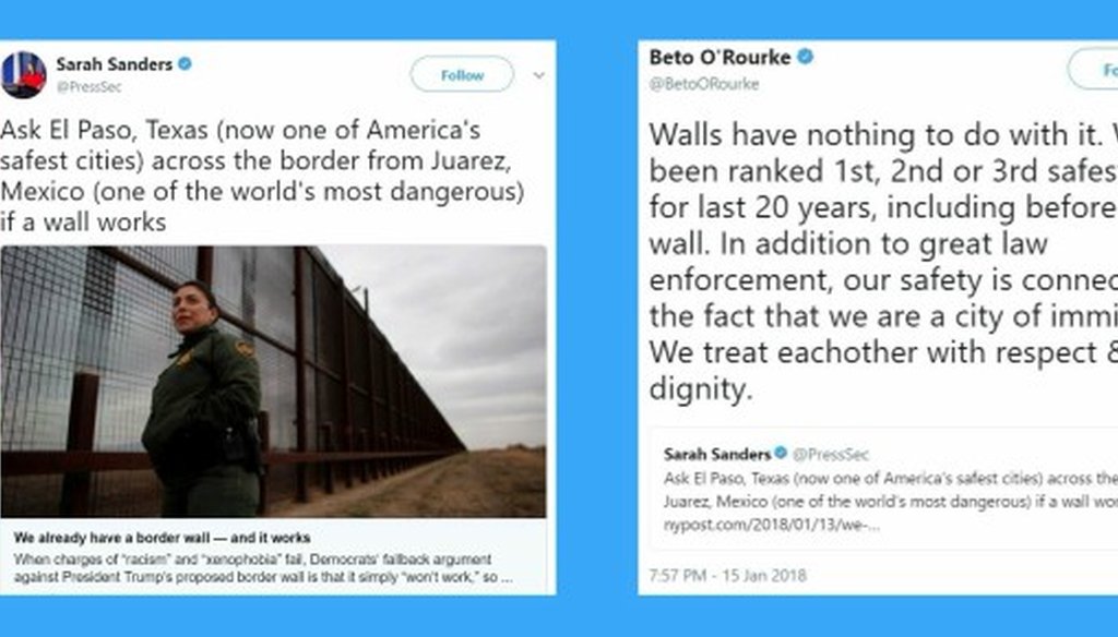 On Jan. 15, 2018, Sarah Huckabee Sanders posted the tweet to the left and Beto O'Rourke of Texas responded with the tweet on the right.