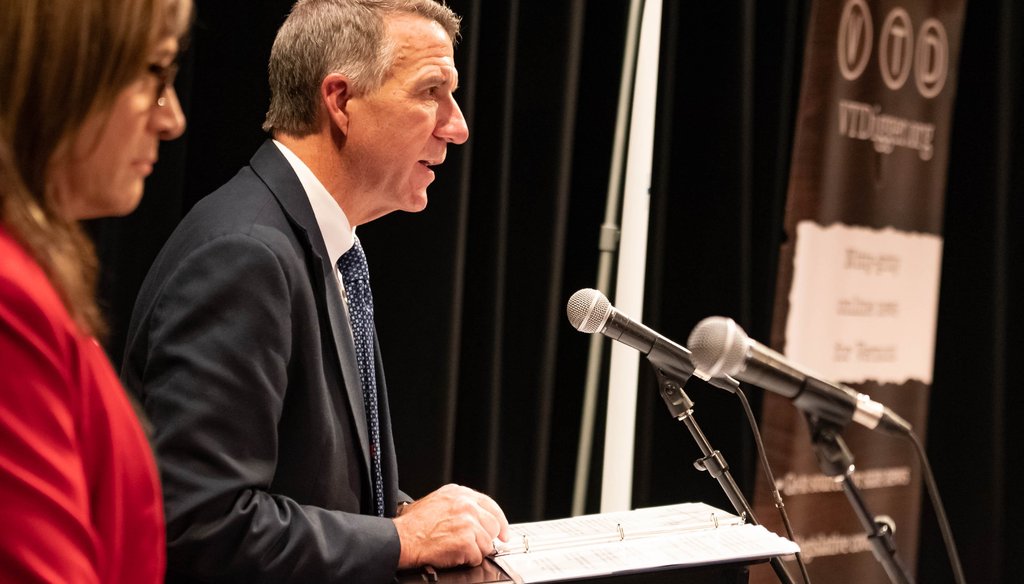 Gov. Phil Scott speaks during a debate against Christine Hallquist, the Democratic candidate for governor, at the Paramount Theatre in downtown Rutland on Oct. 10. Photo by Bob LoCicero for VTDigger