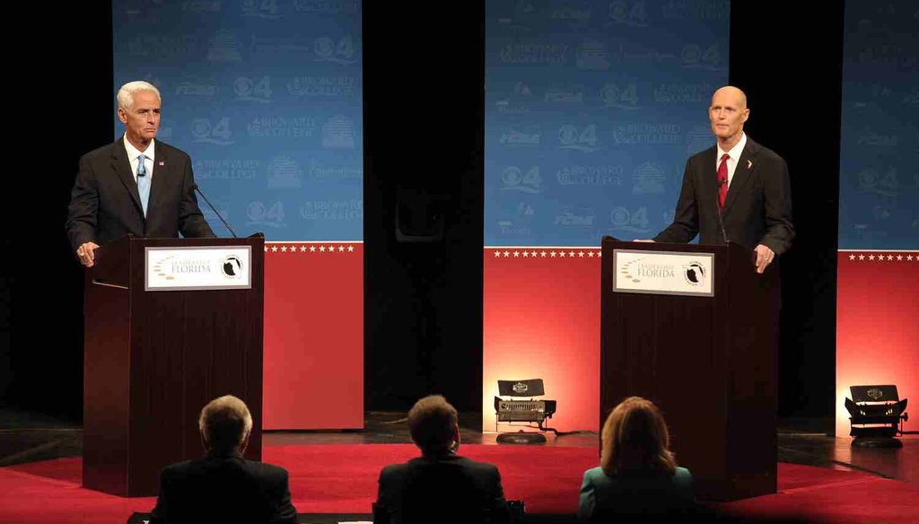 Former Gov. Charlie Crist and current Gov. Rick Scott debated at Broward College on Oct. 15, 2014.