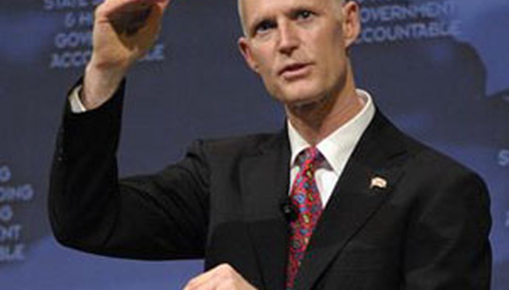 Gov. Rick Scott announced his budget plan at a tea party rally in Eustis on Feb. 7, 2011. (AP photo)