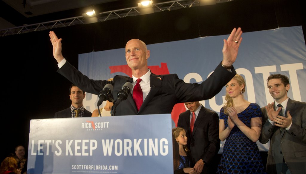 Gov. Rick Scott won a second term by 64,000 votes, and made a lot of new promises along the way. (AP photo)