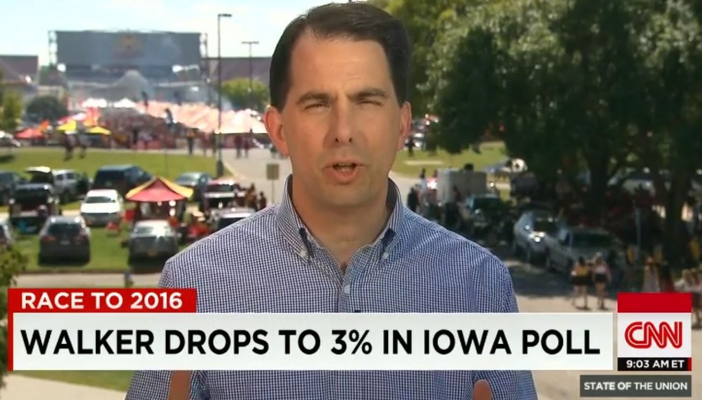 Scott Walker defends his record as Wisconsin governor on Sept. 13, 2015, on "State of the Union" on CNN. (Screengrab)