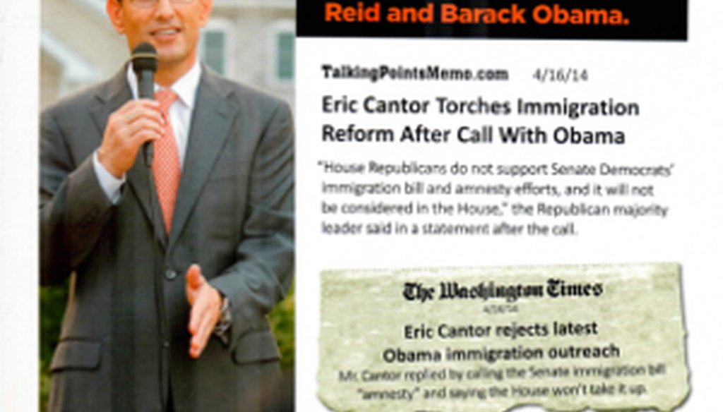 This campaign literature was circulated by House Majority Leader Eric Cantor, R-Va.