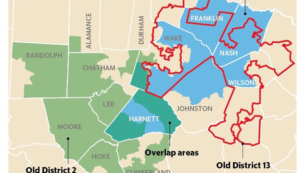 This map shows Rep. Ellmers' current 2nd district boundaries, Rep. Holding's current 13th District boundaries and how they overlap with the new 2nd District they're both running for