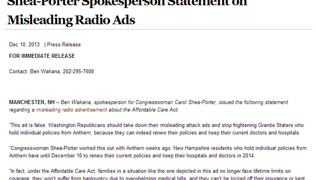 Shea-Porter claims radio ad about Affordable Care Act is misleading. 