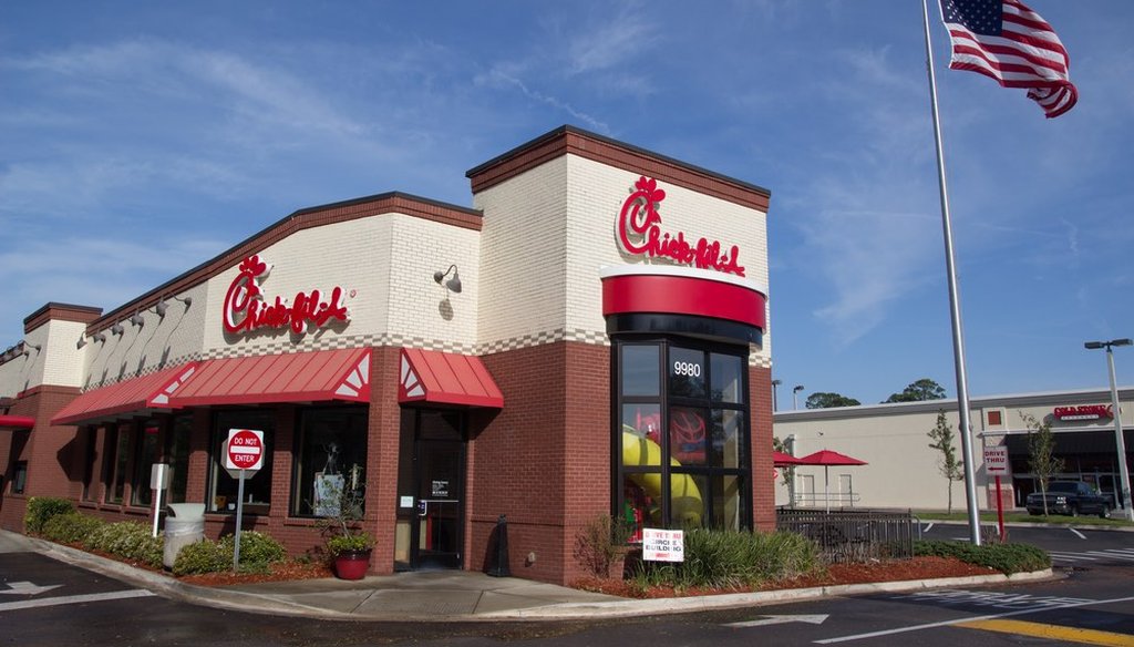 A Chick-fil-A fast food restaurant in Jacksonville. Chick-fil-A, specializing in chicken sandwiches, has over 1,700 restaurants in the United States. (Shutterstock)