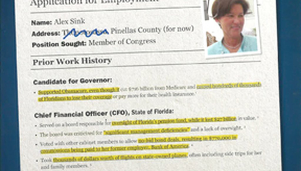 The Republican Party of Florida mailer, designed to look like a job application, uses most of the GOP's attacks on Alex Sink during the campaign.