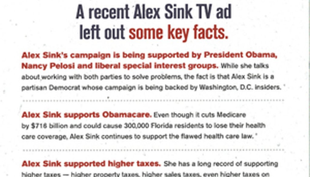 The Republican Party of Florida's mailer included a similar list of Alex Sink's tax positions as earlier fliers.