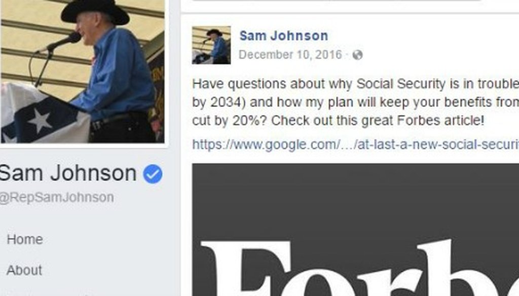 U.S. Rep. Sam Johnson made a claim about Social Security going bankrupt in this December 2016 Facebook post (screenshot).