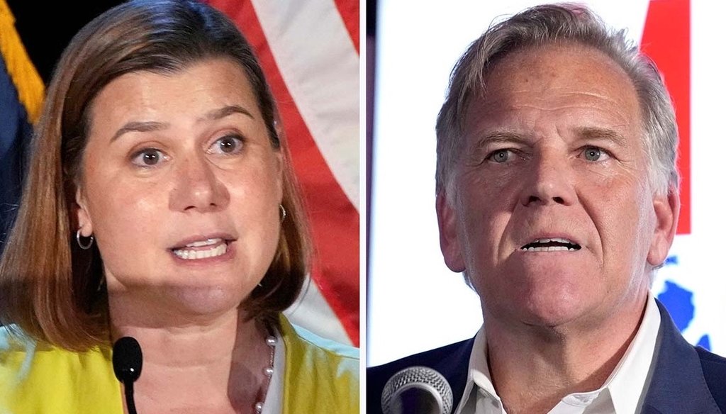 This combination photo of Michigan Senate candidates shows Rep. Elissa Slotkin, D-Mich., in Detroit, Aug. 6, 2024, left, and former Rep. Mike Rogers, R-Mich., Aug. 6, 2024, in Lake Orion, Mich. (AP)