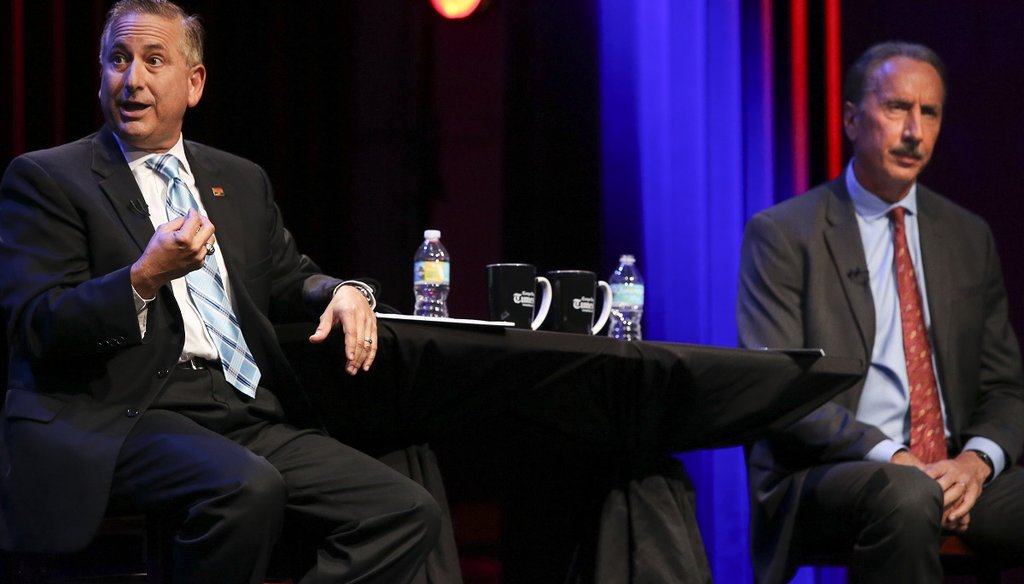 Incumbent Mayor Rick Kriseman and former Mayor Rick Baker debate in front of a live television audience during the City of St. Petersburg Mayoral Debate at the Palladium Theater in St. Petersburg on July 25, 2017. (DIRK SHADD | Times)