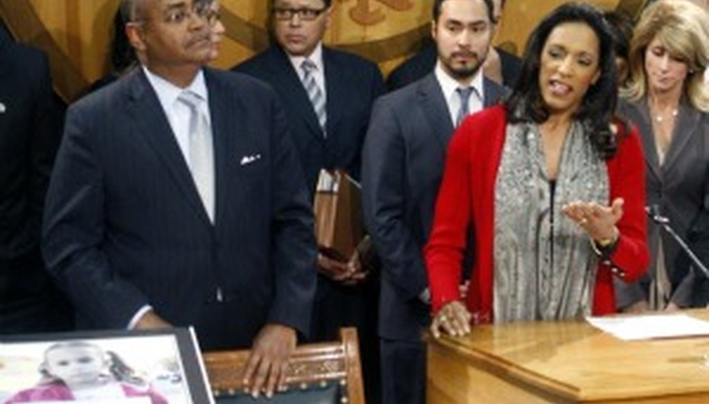 Texas Democratic lawmakers offered their own take on the State of the State after Gov. Rick Perry's speech Tuesday. From left are: Sen. Rodney Ellis, Rep. Jessica Farrar, Sen. Jose Rodriguez, Rep. Joaquin Castro, Rep. Dawnna Dukes and Sen. Wendy Davis.