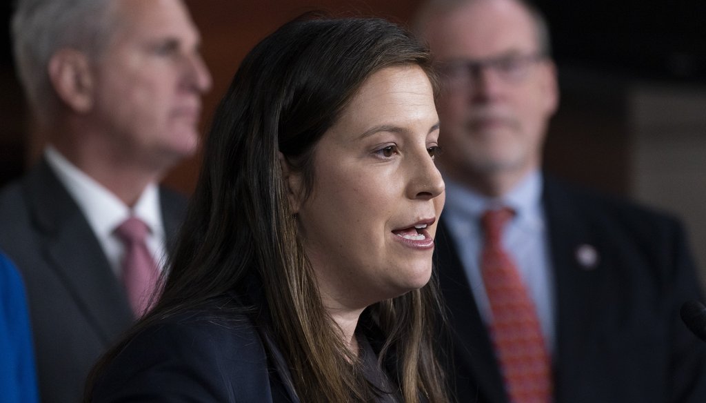 Republican conference chair Rep. Elise Stefanik, R-N.Y., speaks with reporters during a news conference on Capitol Hill on Nov. 3, 2021.